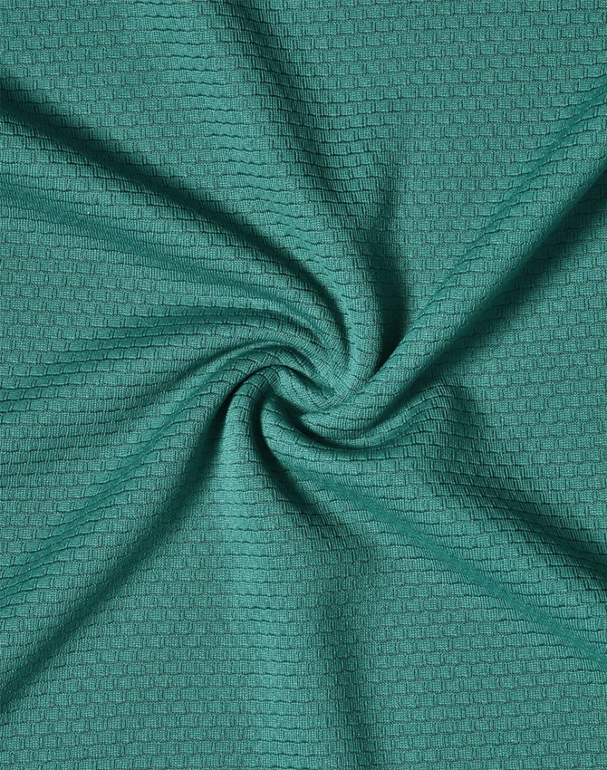 A textured fabric in a rich teal colour, showcasing a subtle grid pattern. There is a logo present.