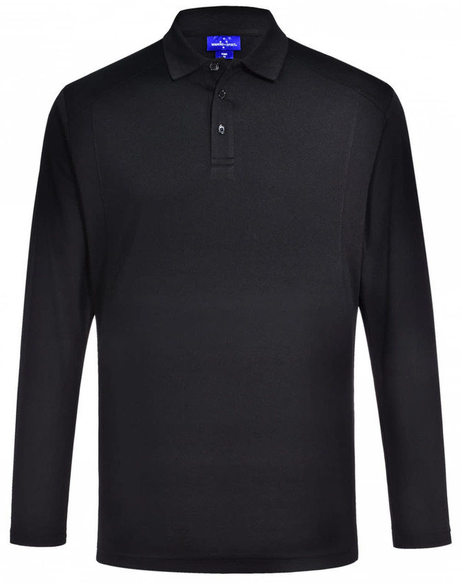 A black long-sleeve polo shirt with a collar and buttons, featuring a logo on the chest.