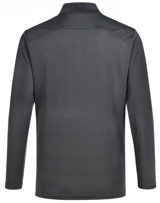 A long-sleeved polo shirt in a dark charcoal colour, featuring a subtle texture and a logo.