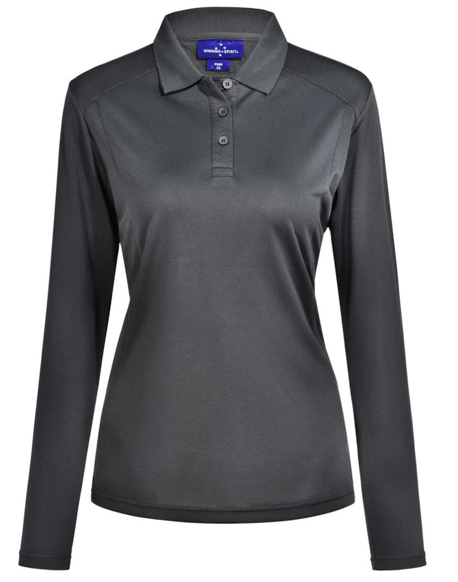 A long-sleeved polo shirt in dark grey with a collar and button placket, featuring a logo.