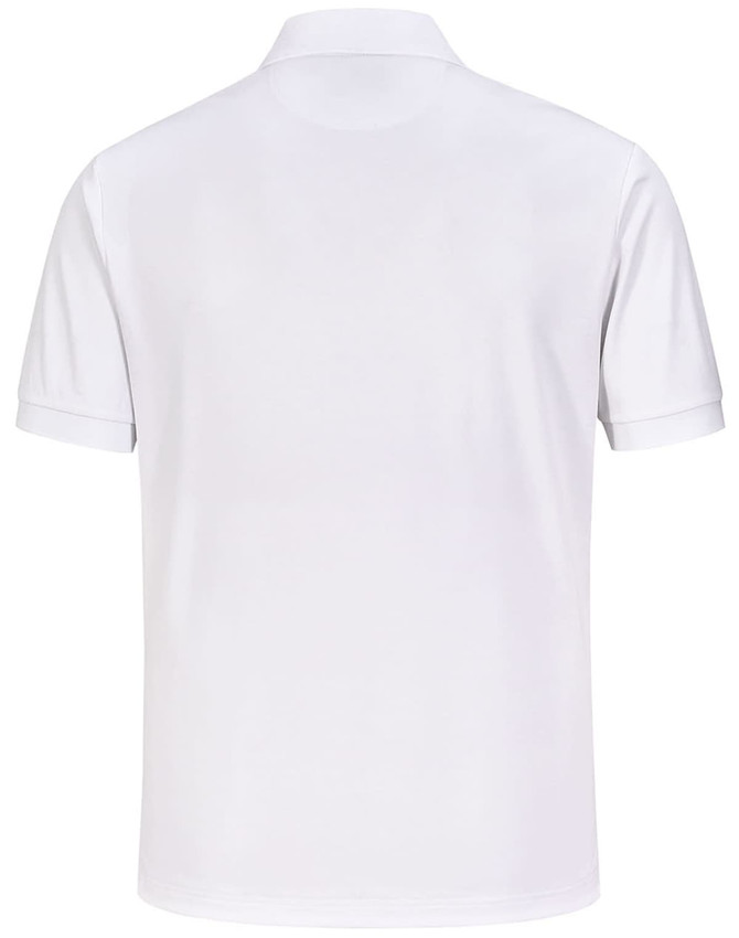 A white men's sustainable poly/cotton corporate short-sleeve polo shirt, featuring a collar and a back view.