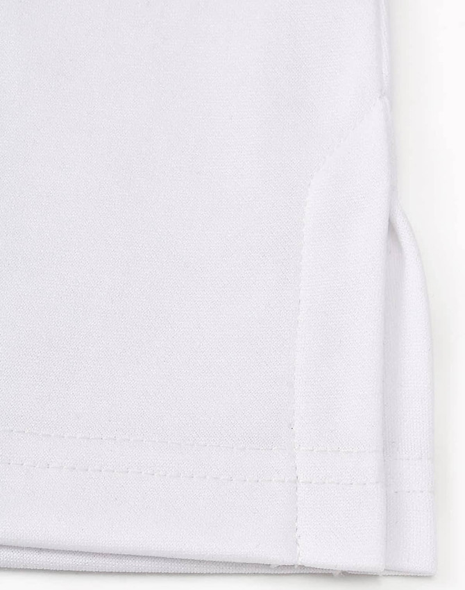 A close-up of a light grey sustainable poly/cotton polo shirt, highlighting the fabric and stitching details.