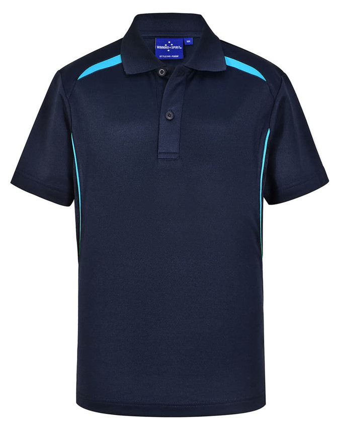 A dark navy polo shirt with contrasting turquoise stripes and a collar, featuring a branding logo.