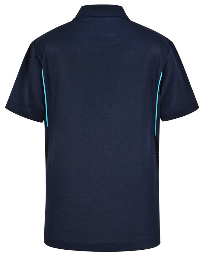 A navy blue kids' polo shirt featuring contrast detailing and a collar, with a branding logo present.
