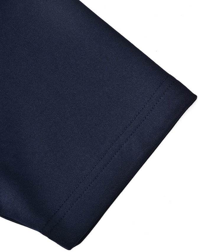 A close-up of the sleeve hem of a kids' polo shirt in navy blue, featuring a smooth fabric texture and a logo.