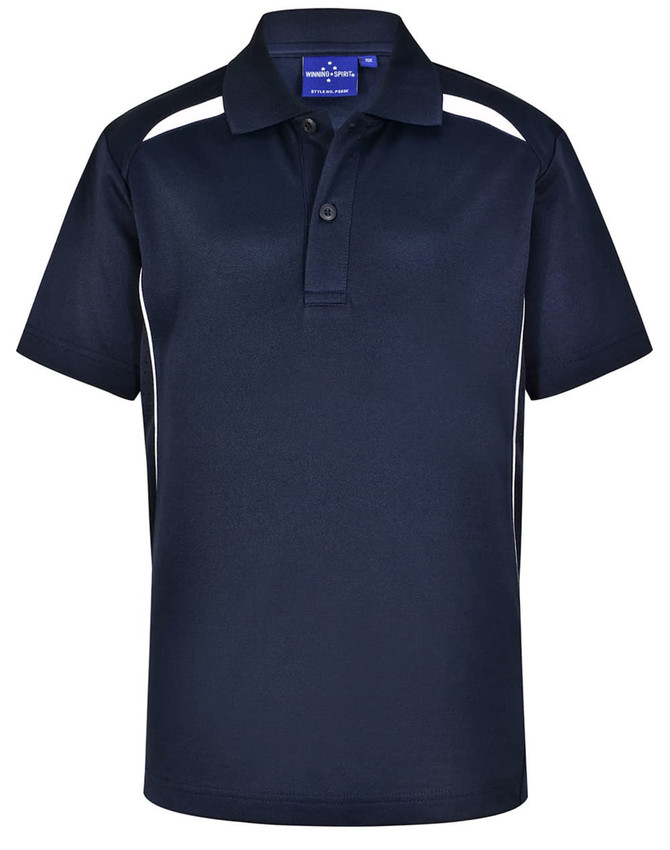 A navy blue polo shirt with short sleeves and contrasting white side panels. It features a collar and a branding logo.