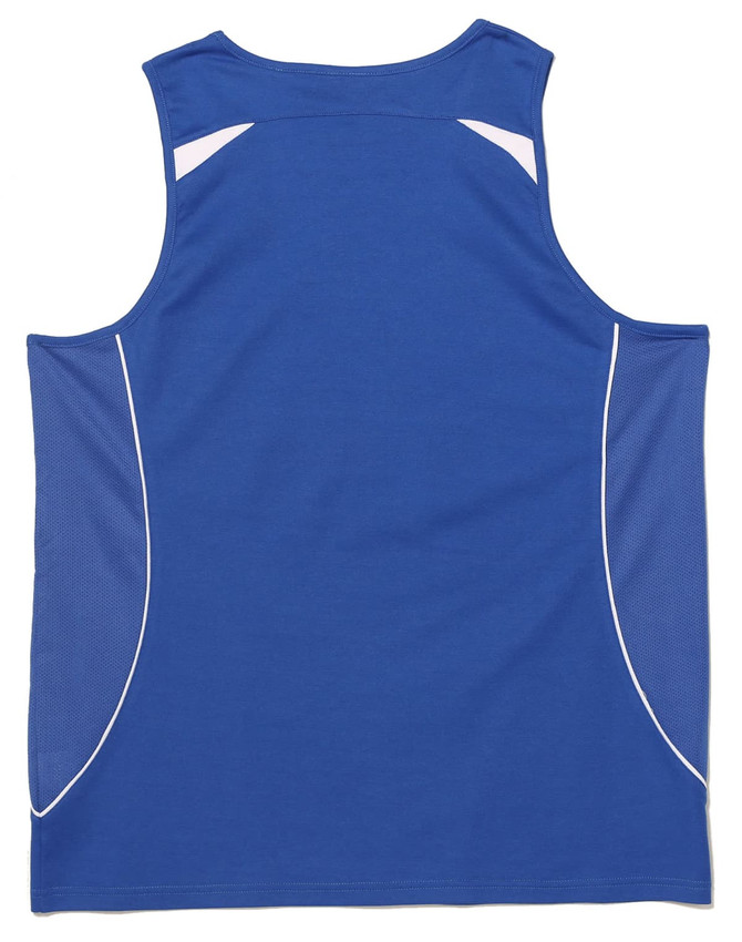 A blue men's singlet featuring a mesh design with white detailing and a logo on the back.