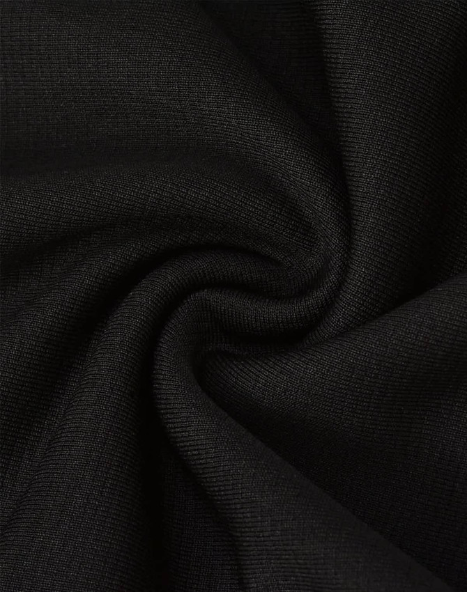 A close-up of black fabric, showcasing its texture and weave, suitable for sports shorts. Features a logo.