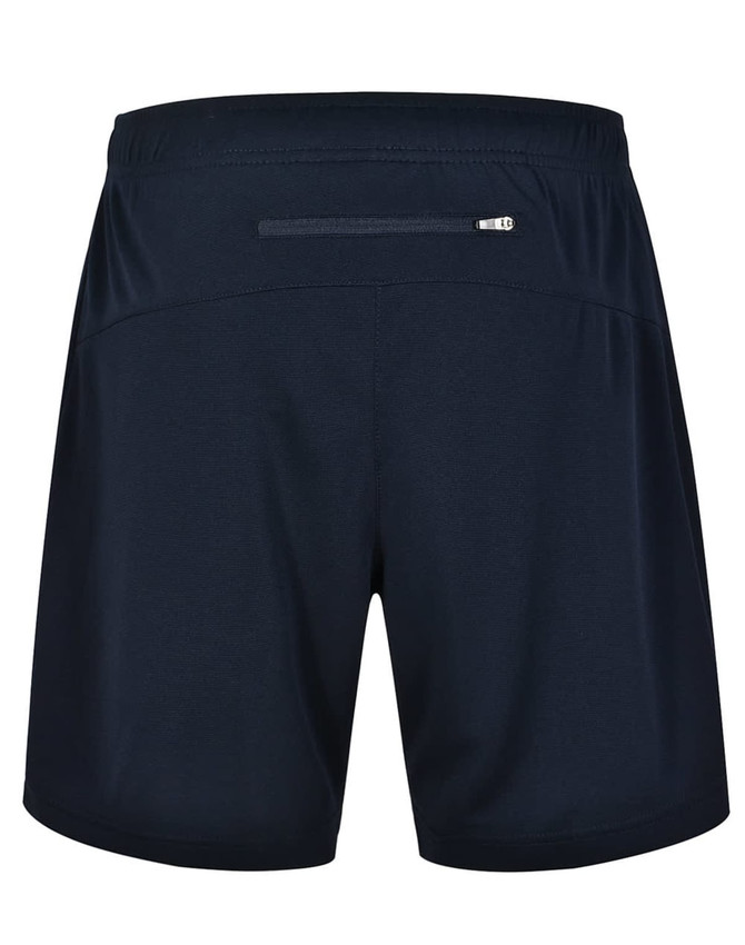Adults' bamboo charcoal sports shorts in navy blue, featuring a back pocket and a logo on the waistband.