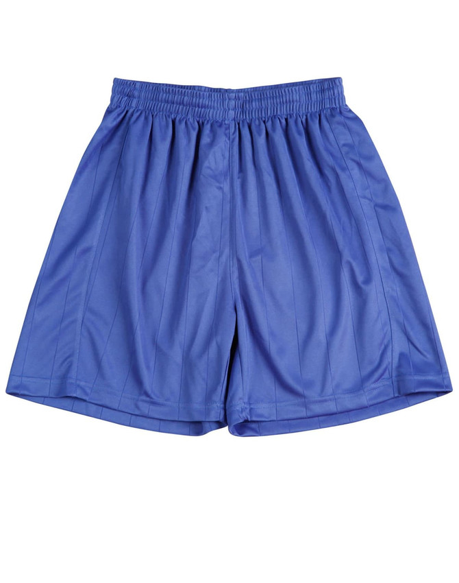 Blue adults' soccer shorts with an elastic waistband and a smooth texture, featuring a logo.