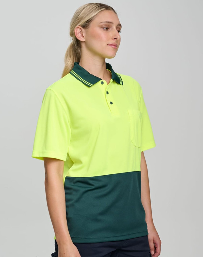 A bright yellow and green short-sleeve polo shirt with a collar and a logo, designed for workwear.