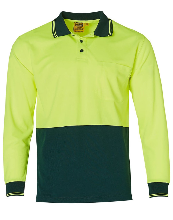 A long-sleeve safety polo shirt in high visibility yellow with a dark green bottom section, featuring a chest pocket and branding.