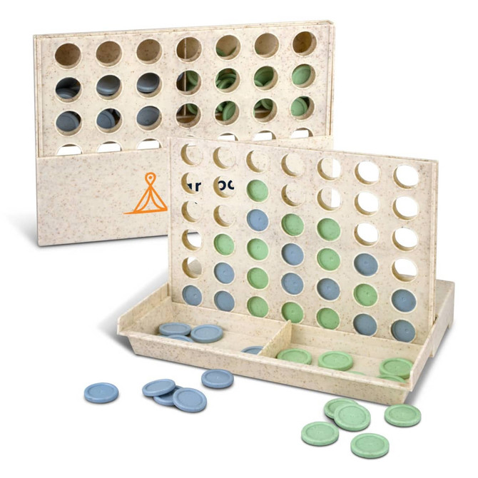 A Four in a Row game featuring a light-coloured board and green and blue discs, with a logo visible.