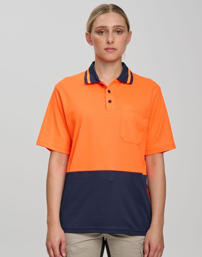 Hi-Vis short sleeve safety polo in bright orange and navy, featuring a chest pocket and a logo.