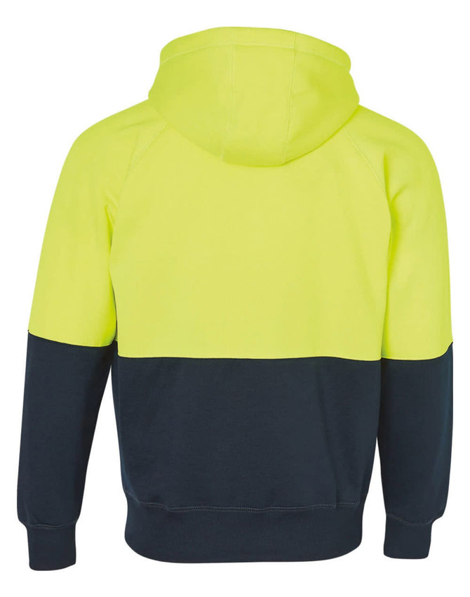 A two-tone hooded fleece jacket featuring a high visibility yellow upper and a navy lower section, with a hood at the back.