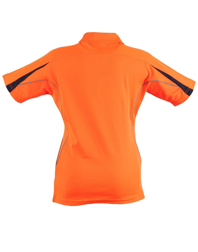 A women's short-sleeve polo shirt in bright orange with black accents and a logo on the back.