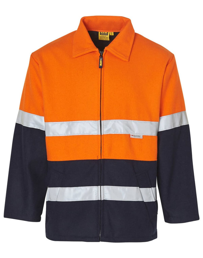 A two-tone safety jacket in orange and navy blue, featuring reflective 3M tape and a zip front.