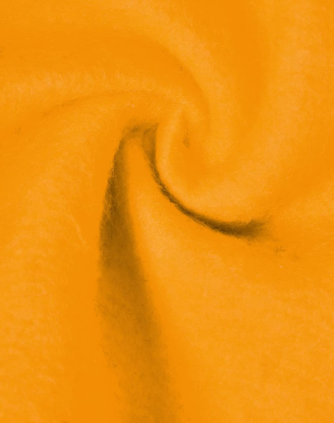 A close-up of soft, vibrant orange fabric, showcasing a smooth, swirling texture.
