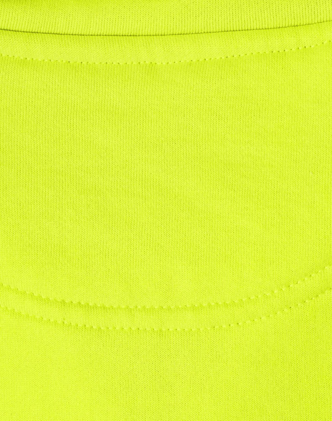 A bright high-visibility yellow work jumper featuring a smooth fabric texture and a logo.