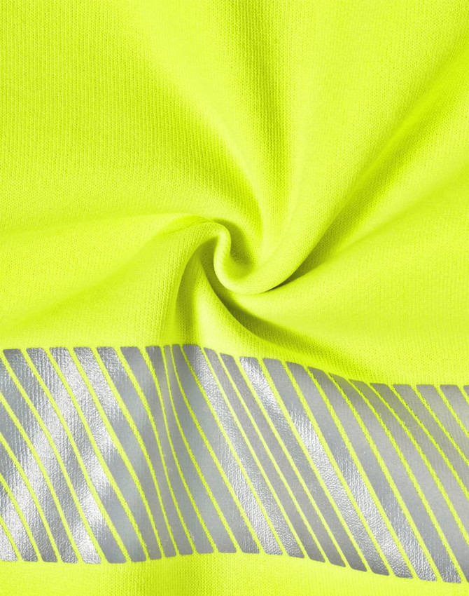 A bright yellow safety jumper featuring silver reflective stripes. The fabric is smooth and has a twisting texture.