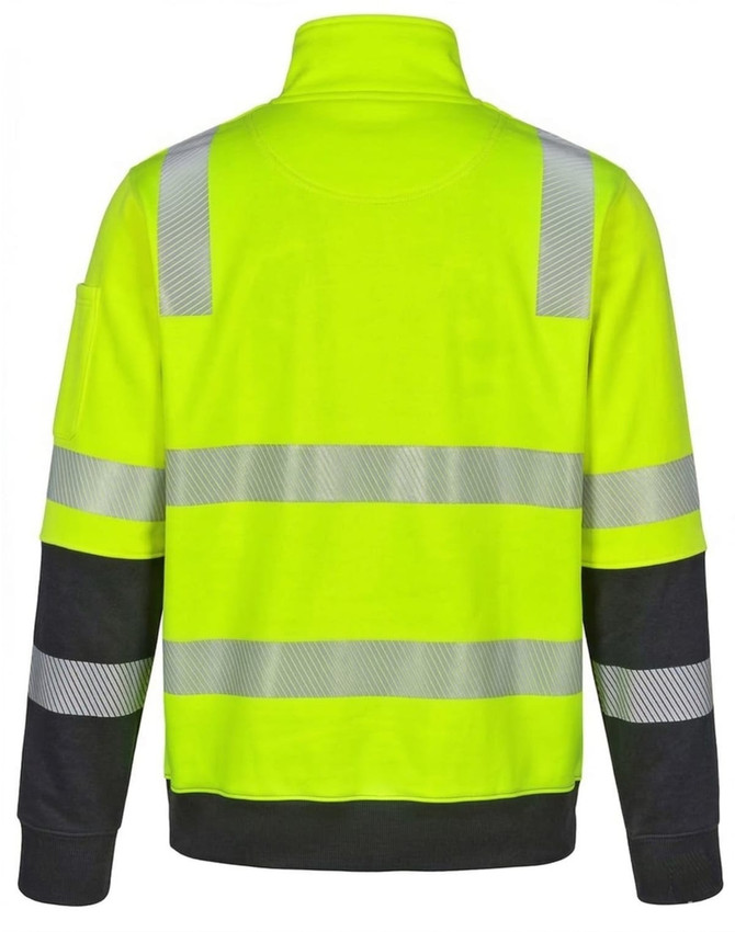 A high-visibility yellow safety jumper with reflective stripes and black sleeves, featuring a logo on one sleeve.