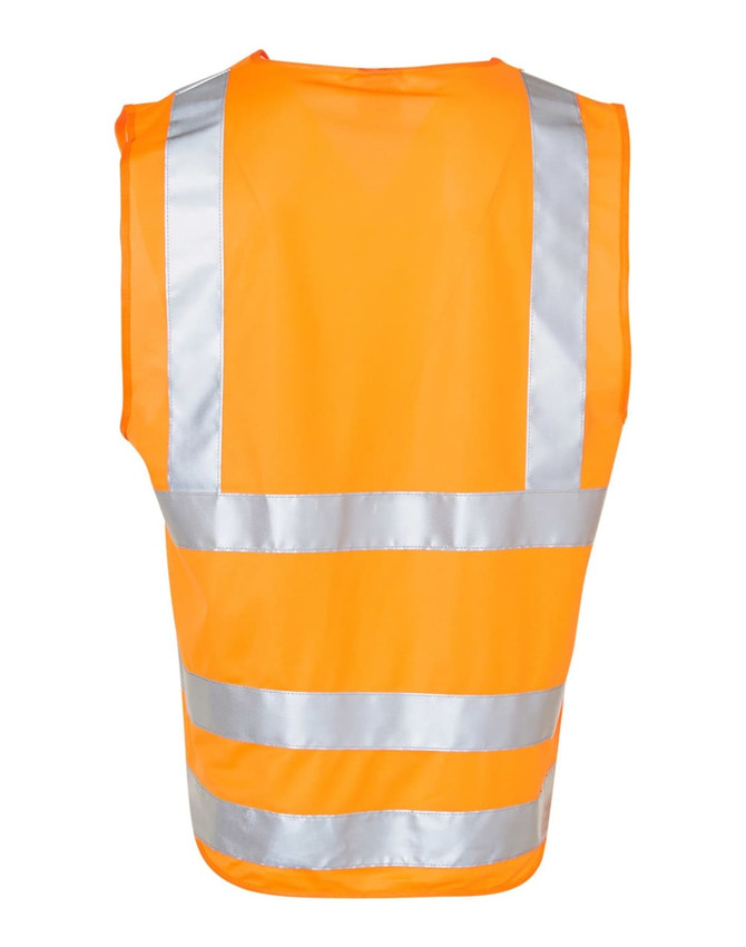 An orange hi-vis safety vest featuring reflective silver tape and an ID pocket, designed for safety wear.