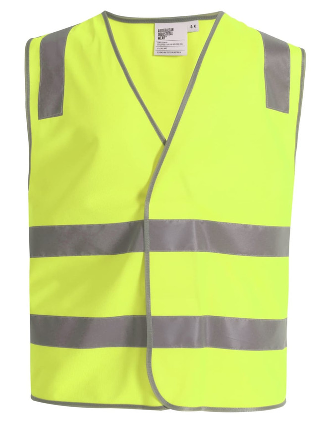 A bright yellow safety vest featuring grey shoulder reflective tapes and a front opening. It includes a logo on the label.