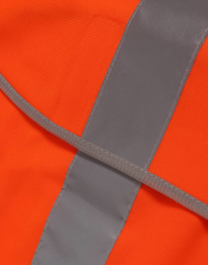 Bright orange safety vest with grey reflective shoulder tapes, featuring a fabric texture and a simple design.