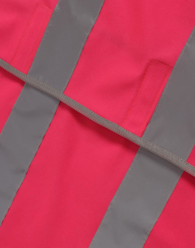 A pink safety vest featuring grey reflective shoulder tapes, designed for visibility and safety.