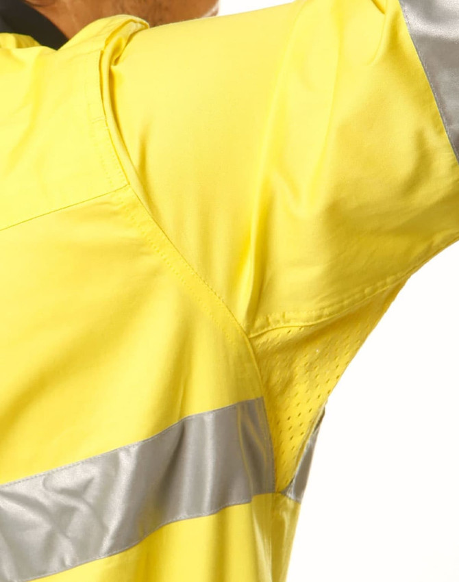A yellow cotton drill shirt with 3M reflective tape details, featuring a logo on the fabric.