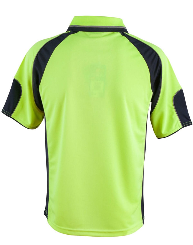 A Hi-Vis polo shirt in bright yellow with navy sleeve panels, featuring a logo on the back.