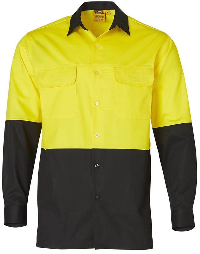 A long-sleeved safety shirt in bright yellow and black, featuring two front pockets and a contrasting collar.