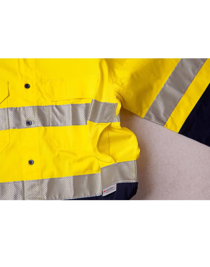 Hi-Vis long sleeve shirt in bright yellow with reflective 3M tape detailing, featuring a navy blue bottom.
