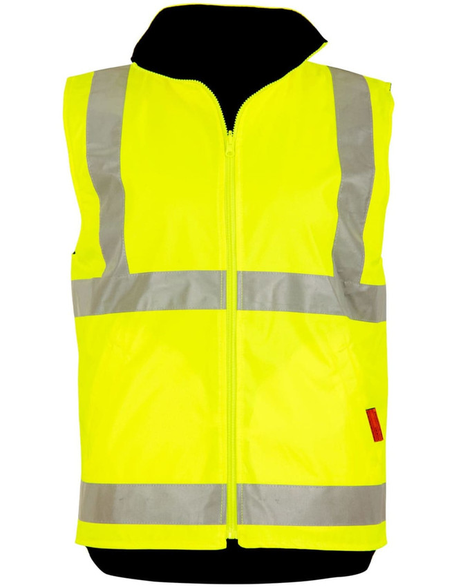 A bright yellow safety jacket with reflective strips and a zip front, featuring no sleeves. It includes a logo.