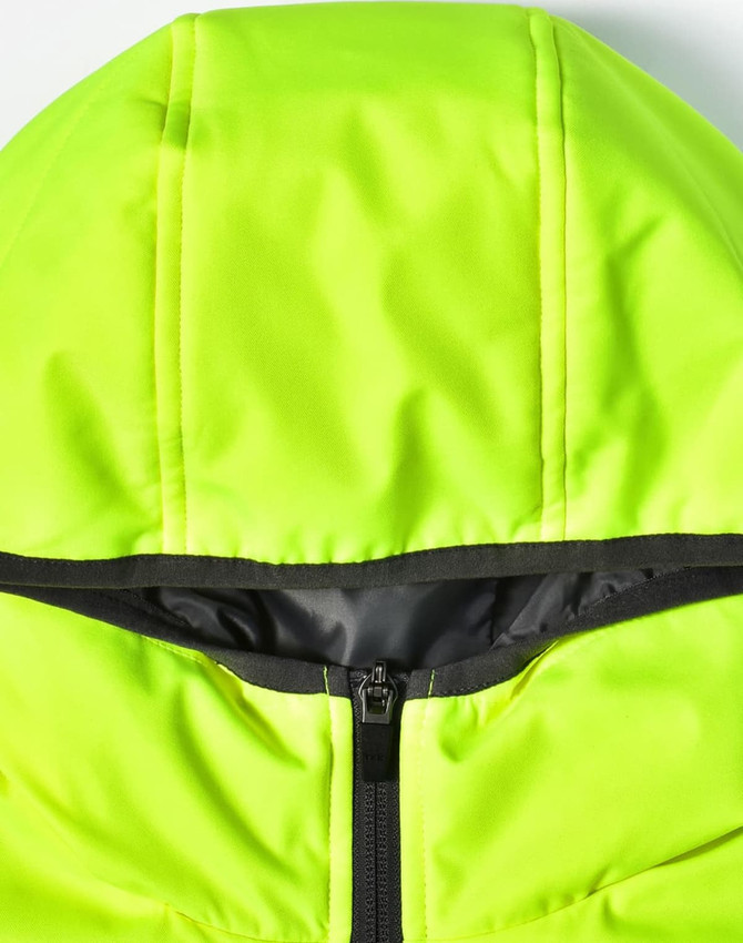 A bright yellow quilted safety jacket featuring a black zip and hood detail, with a logo present.