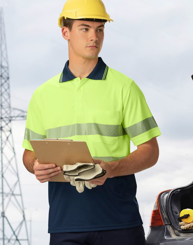 A high-visibility unisex short-sleeve polo in bright yellow and navy, featuring reflective stripes and a chest pocket.