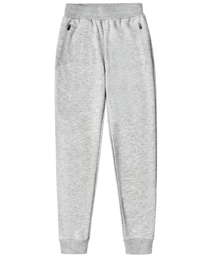 Grey kids' poly/cotton terry sweat pants featuring a waistband and side pockets.