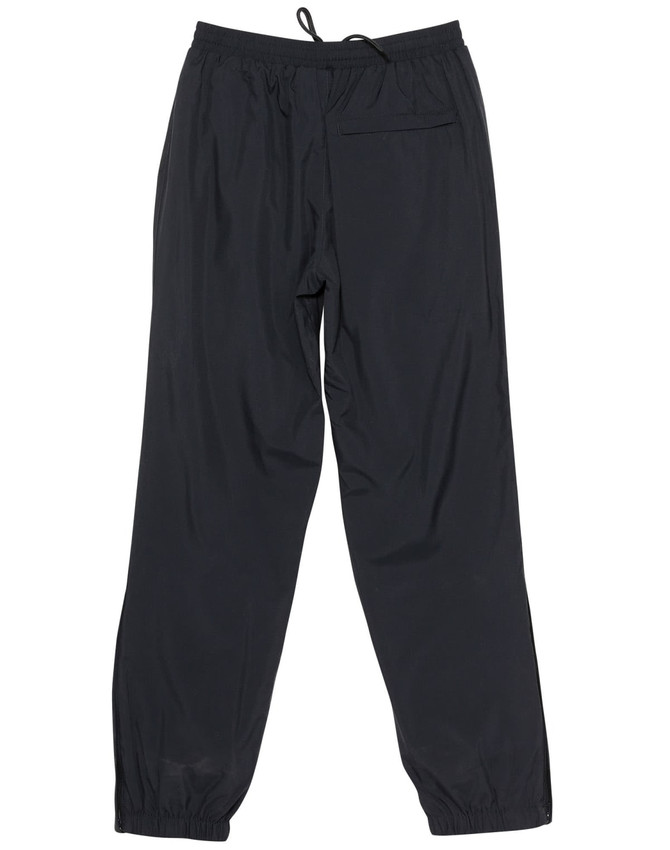 Black track pants with a drawstring waist and a back pocket, featuring elasticised cuffs and a simple design.