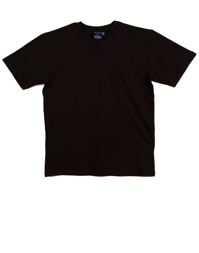 A black premium tee t-shirt with short sleeves and a round neckline. The shirt features a logo on the label.