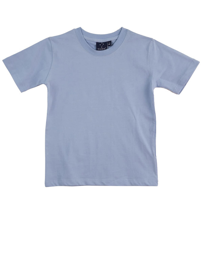 A light blue kids' t-shirt with short sleeves and a round neckline. Features a tag inside the collar.