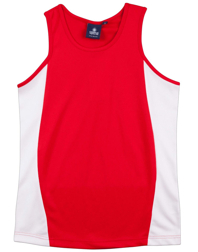 A red and white kid's singlet with contrast mesh sides; features a logo on the interior label.