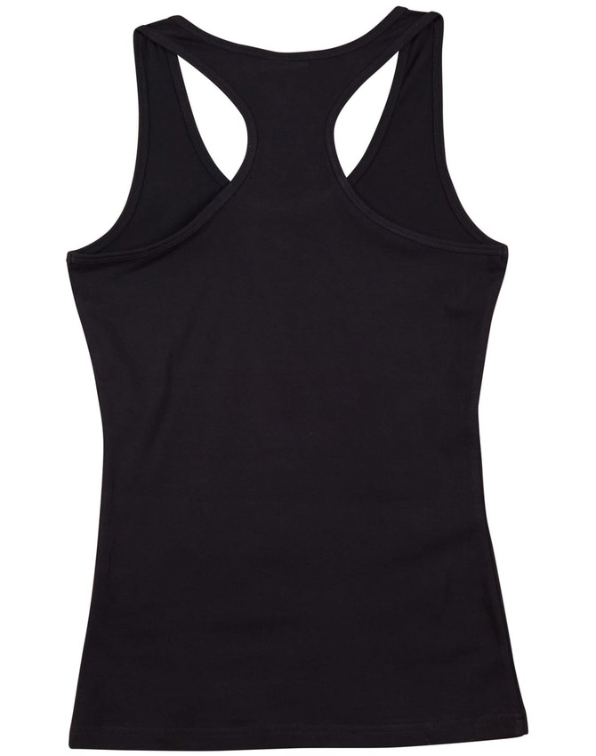 A black ladies' fitted stretch singlet with a racerback design, featuring a logo.