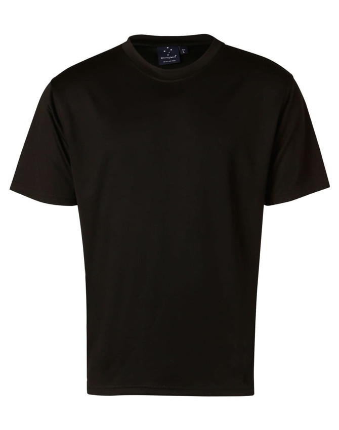 Men's cooldry short sleeve tee in black, featuring a round neck and a simple design. Includes a logo on the label.