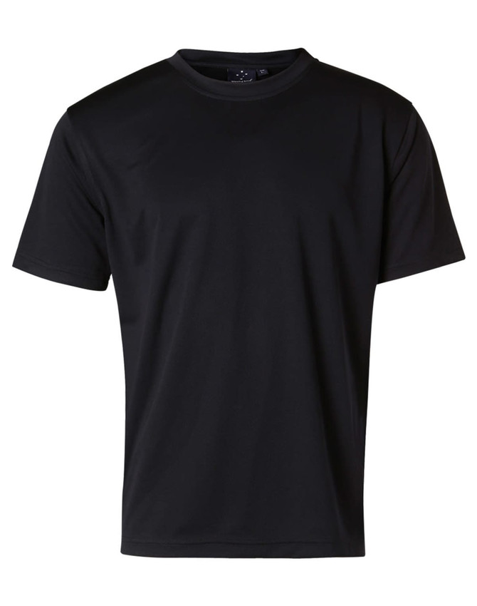 A black short sleeve tee featuring a simple design and a subtle logo. Ideal for casual wear.
