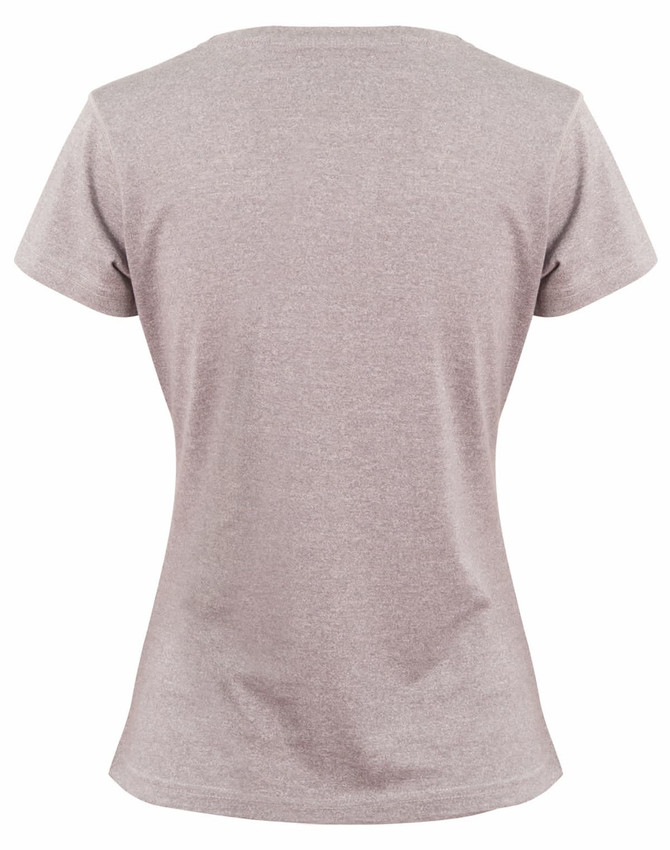 A grey heather women's short-sleeve T-shirt featuring a fitted design and a logo on the back.
