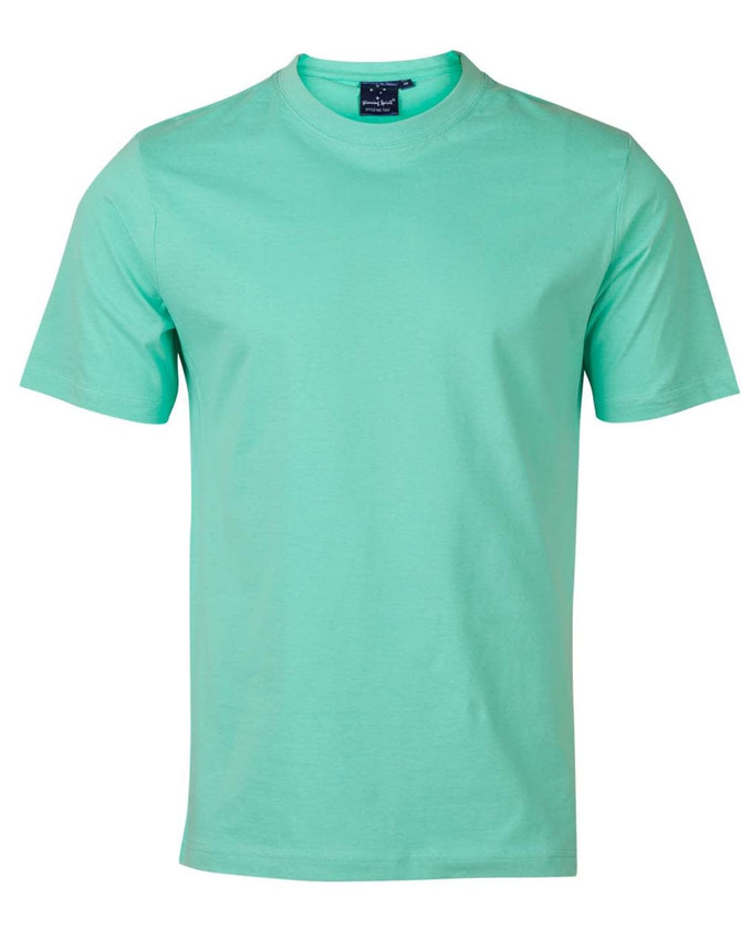A mint green semi-fitted t-shirt with short sleeves, featuring a small logo on the neckline.