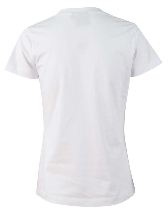 A white semi-fitted cotton t-shirt for ladies, featuring short sleeves and a plain back.