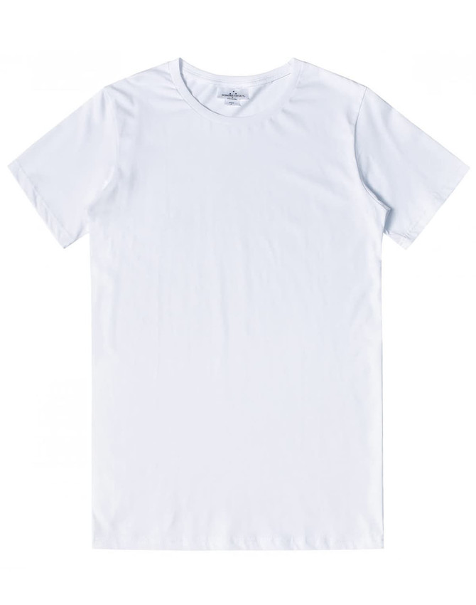 A plain white men's premium cotton tee featuring a round neckline and short sleeves, with a logo on the label.