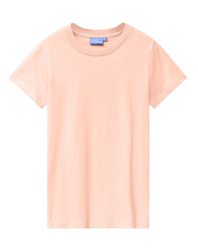 A premium cotton tee in a soft peach colour, featuring a logo on the label.