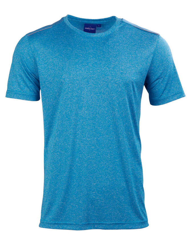 A blue short sleeve tee made from ultra dry cationic fabric, featuring a logo on the chest.